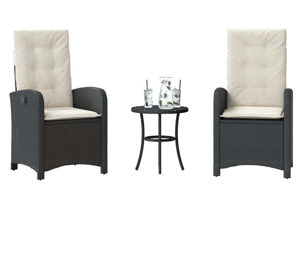 Бистро комплект с възглавници 3 части черен полиратан - 2