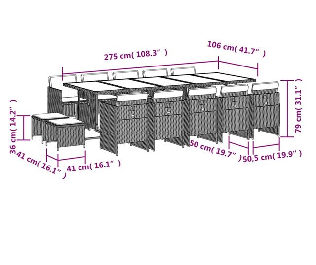 Градински комплект с възглавници 15 части полиратан сив