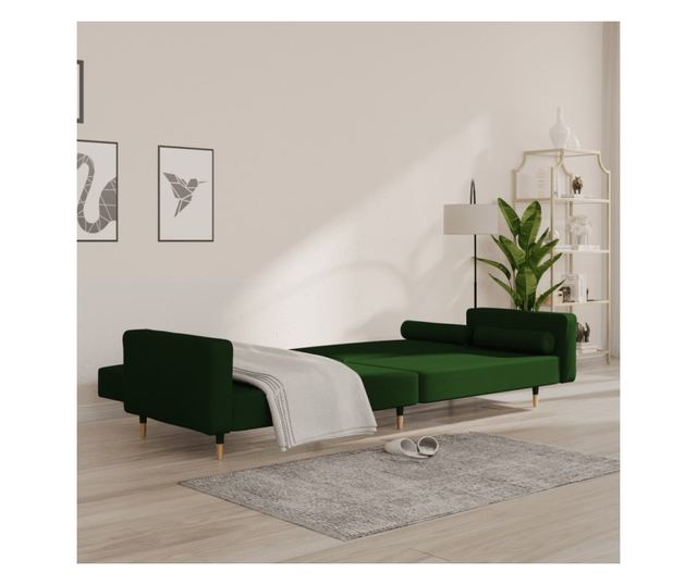 kétszemélyes sötétzöld bársony kanapéágy két párnával