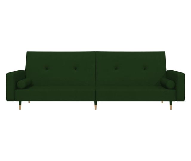 kétszemélyes sötétzöld bársony kanapéágy két párnával