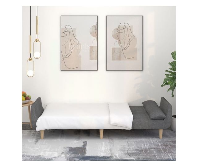 kétszemélyes világosszürke szövet kanapéágy két párnával