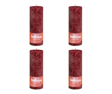 Lumânări bloc rustice Shine, 4 buc., roșu catifelat, 190x68 mm