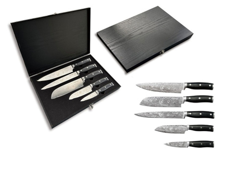 Комплект ножове в дървена кутия Cheffinger DAMA01, 5 ч, Неръждаема стомана, Черен