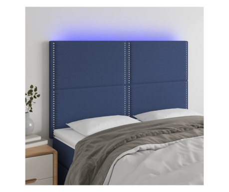 Tăblie de pat cu LED, albastru, 144x5x118/128 cm, textil