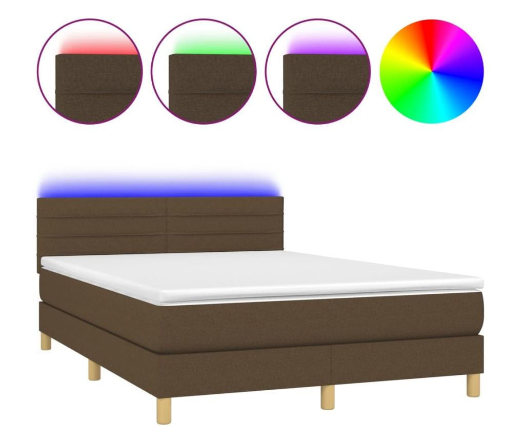 Пружинно легло с матрак и LED, тъмнокафяво, 140x190 см, текстил - 2