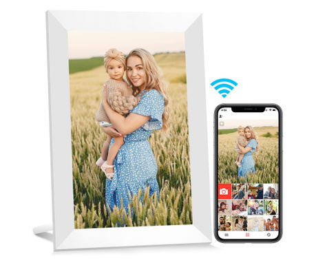 LuxeDenar® Digital Photo Frame, 10.1 инча, Вътрешна памет 16GB, Frameo App, LED екран, RAM 1GB, WIFI, Сензорен екран 800x1280 HD