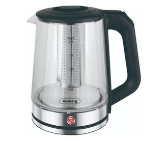 Fierbător electric cu filtru de ceai Rosberg R51230R, Iluminat, 1500W, 2L, Sticla, Argintiu