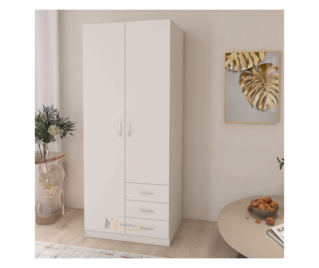Dulap Mixt Star cu 2 Usi si 3 Sertare, 200x80x50 cm,Culoare Alb