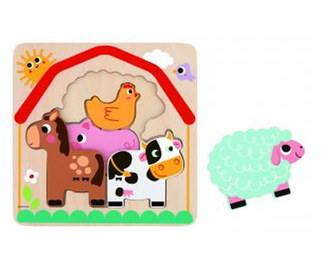 Puzzzle Montessori pe nivele 7 piese animale de ferma, Took Toy, Lemn, Multicolor