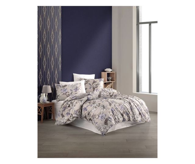 Lenjerie de pat dublu, Majoli Bahar Home Collection, bumbac ranforce, 144TC, pentru 2 persoane, 4 piese, Fiori Lilac