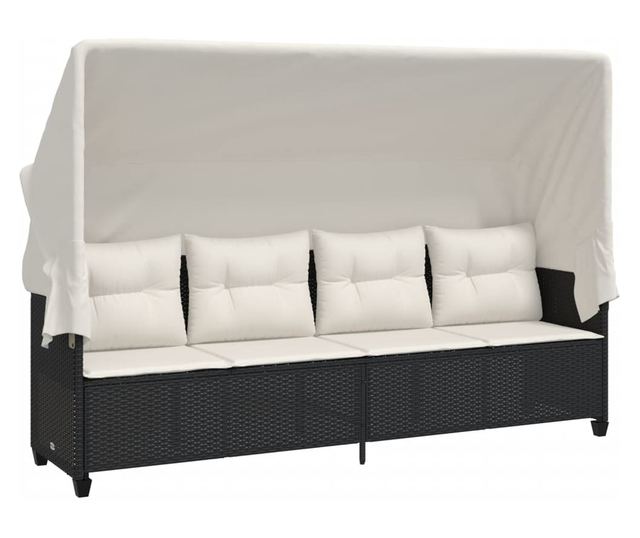 fekete polyrattan napozóágy tetővel és párnával