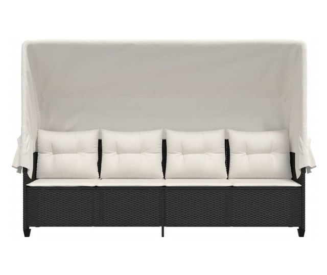 fekete polyrattan napozóágy tetővel és párnával