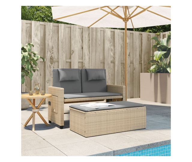 bézs polyrattan dönthető kerti pad párnával