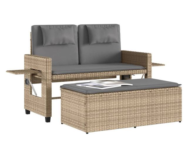 bézs polyrattan dönthető kerti pad párnával