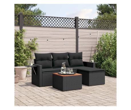 Set mobilier de grădină cu perne, 5 piese, negru, poliratan