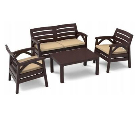 Set mobilier pentru gradina sau terasa, 4 persoane, maro, 1 masa, 2 scaune, 1 canapea cu 2 locuri