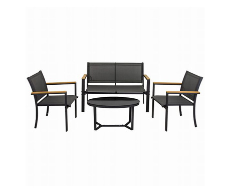 Kerti / terasz bútorkészlet, fekete és természetes, 1 asztal, 2 szék, 1 kanapé, Jumi
