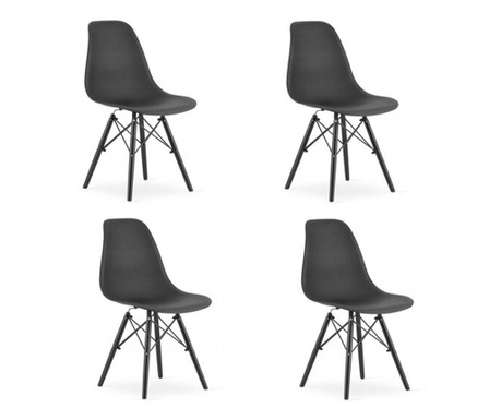 Комплект от 4 стола Скандинавски стил, Меркатон, Осака, ПП, дърво, черен, 46х54х81 см