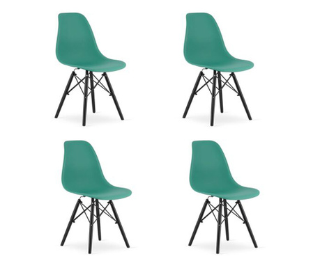 Комплект от 4 стола Скандинавски стил, Меркатон, Осака, ПП, дърво, зелено и черно, 46х54х81 см