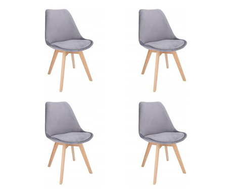 Set 4 scaune bucatarie/living, Jumi, Bari, catifea, lemn, gri, 49x60x82 cm
