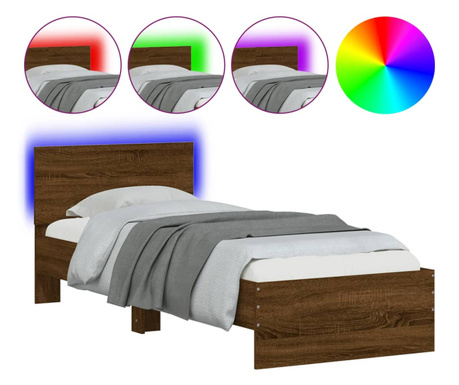 barna tölgy színű ágykeret fejtámlával és LED-ekkel 90 x 200 cm