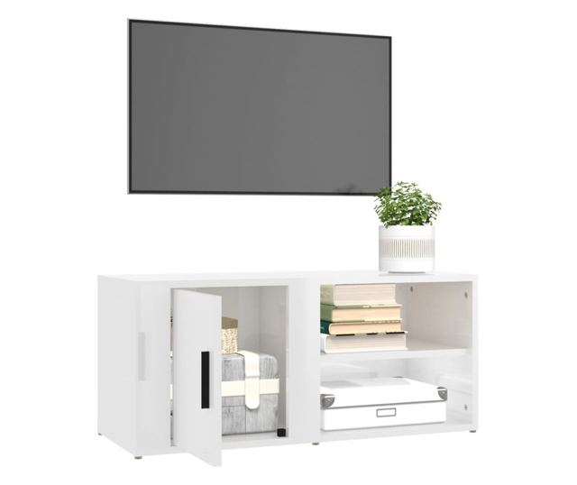 TV Stand, High Gloss White, 80x31.5x36 cm, Processed Wood