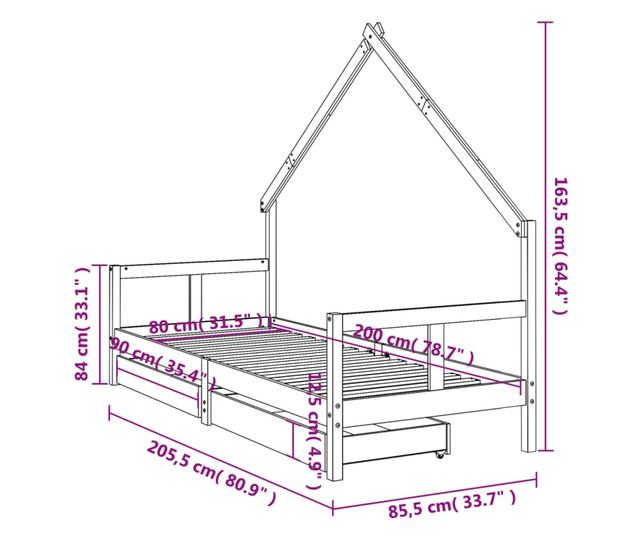 Παιδικό κρεβάτι με συρτάρια, 80x200 εκ., από μασίφ ξύλο πεύκου