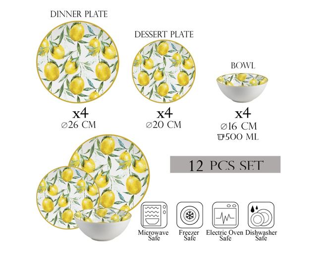 Set farfurii, Limone di Lusso, 12 piese, 4 persoane, Cesiro, Alb cu lamai