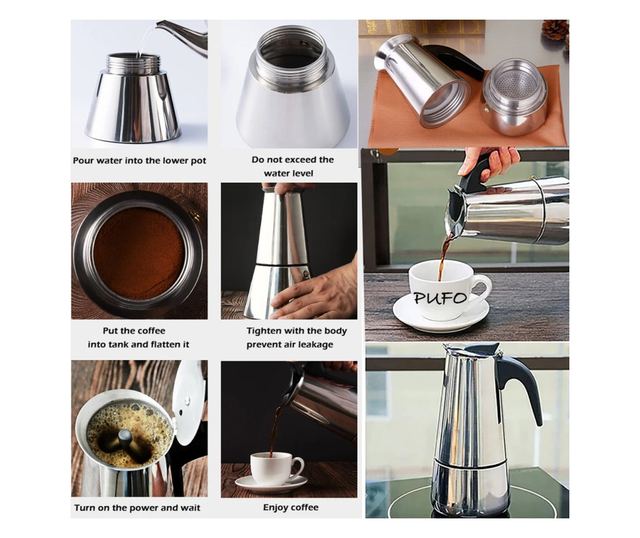 Espressor cafea din inox pentru aragaz, capacitate 9 cesti