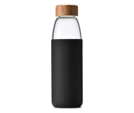 Sticla pentru apa sau lichide din material borosilicat cu protectie din silicon si capac etans din bambus, 550 ml, negru