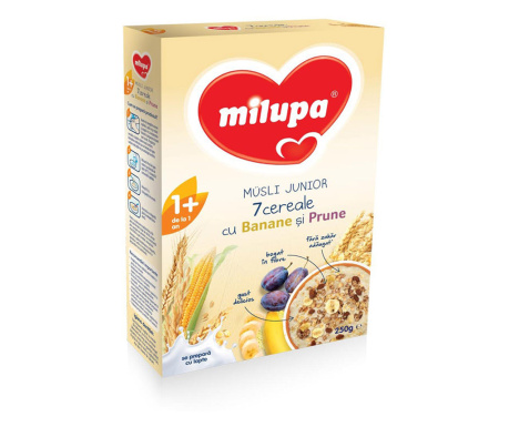 MILUPA Musli Junior, cereale, cu banane si prune, 250 g