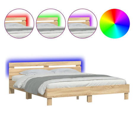 sonoma tölgy színű ágykeret fejtámlával és LED-del 180 x 200 cm