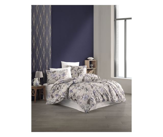 Lenjerie de pat dublu, Majoli Bahar Home Collection, bumbac ranforce, 144TC, pentru 2 persoane, 4 piese, Fiori Lilac