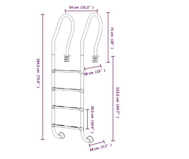 304-es rozsdamentes acél medencelétra 54 x 38 x 184,5 cm