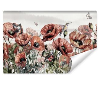 Muralo Fotótapéta piros pipacsok, rét, virágok, pillangók modern nappali dekoráció 90x60