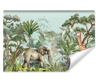 Muralo Fotótapéta vadon élő állatok, elefánt, zsiráf, zöld, trópusi, dzsungel egzotikus növények 368x254cm
