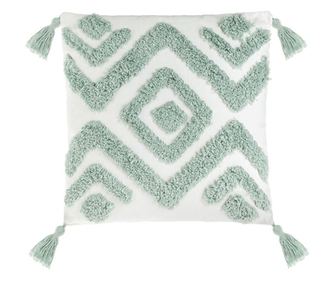 Perna cu model geometric si ciucurasi, 43 x 43 cm, verde menta / alb
