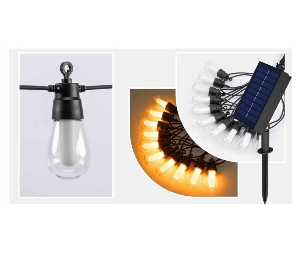 Solar Powered String Lights with Warm White Light and Flame Effect, 10 Bulbs: Size - 10 m