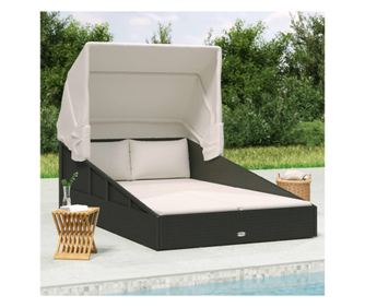 Șezlong cu acoperiș pliabil, negru, 200x114x128 cm, poliratan