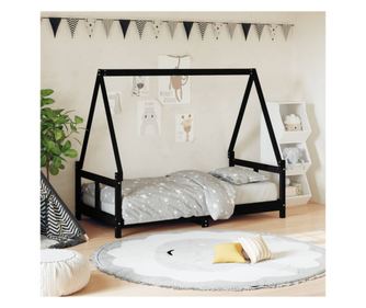 Παιδικό Κρεβάτι Σπιτάκι, Μαύρο, 80x160 εκ., Μασίφ Ξύλο Πεύκου