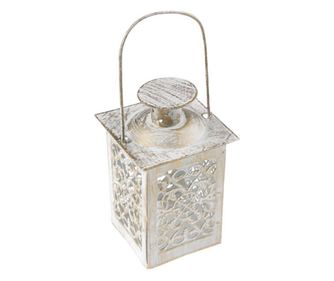 Suport lumanare tip felinar mic, suspendabil, din metal, 6x6x12.5 cm, alb bronz vintage
