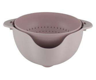 Strecurătoare rotativă, plastic, cu bol și guri de scurgere, roz, pentru orez, paste, fructe și legume, 28x28x13 cm