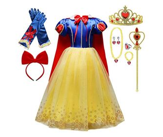 Set Rochie Alba ca Zapada, cu Accesorii si Pelerina, Tesaturi premium, 3-4 ani, 110 cm, Albastru / Galben