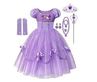 Set Rochie Printesa Sofia, cu Coronita si Accesorii, Tesaturi premium, 3-4 ani, 110 cm, Mov imperial