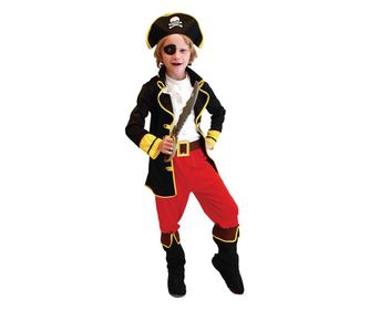 Costum de Capitan Pirat pentru copii, Set cu Palarie si Petic de ochi, Tesatura fina, 140, 6-7 ani, Rosu/ Negru