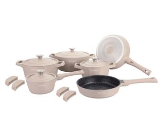 Set de vase Royalty Line Premium RL-OS1014, 14 Ore de funcționare, Turnare, Marmură, Inducție, Bej