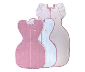 Set 3 saci de dormit Swaddle First Sleep Sweet Star & Sweet Light Faza 1, 60 cm, 1 tog & Blush Pink Faza 2, 74 cm, 0.5 tog
