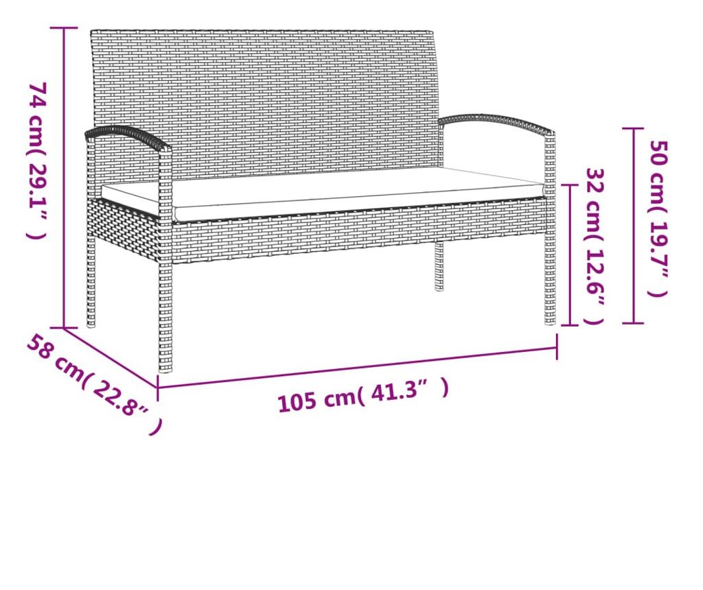 Garden bench with cushion, black, 105 cm, polyrattan - 8
