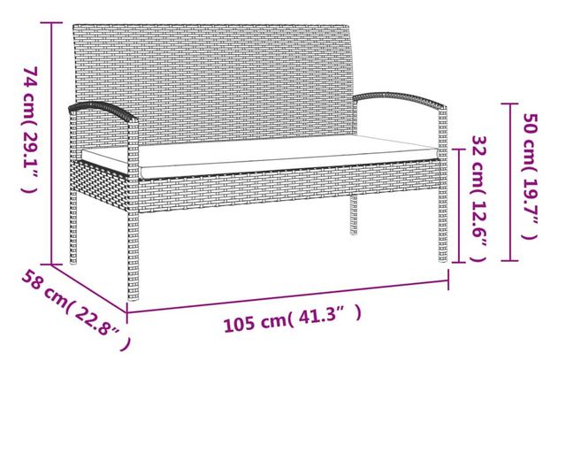 Градинска пейка с възглавница, черна, 105 см, полиратан