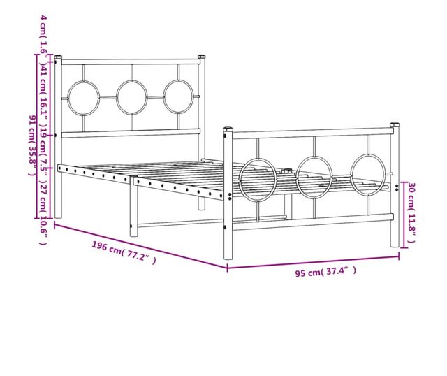 fekete fém ágykeret fej- és lábtámlával 90 x 190 cm